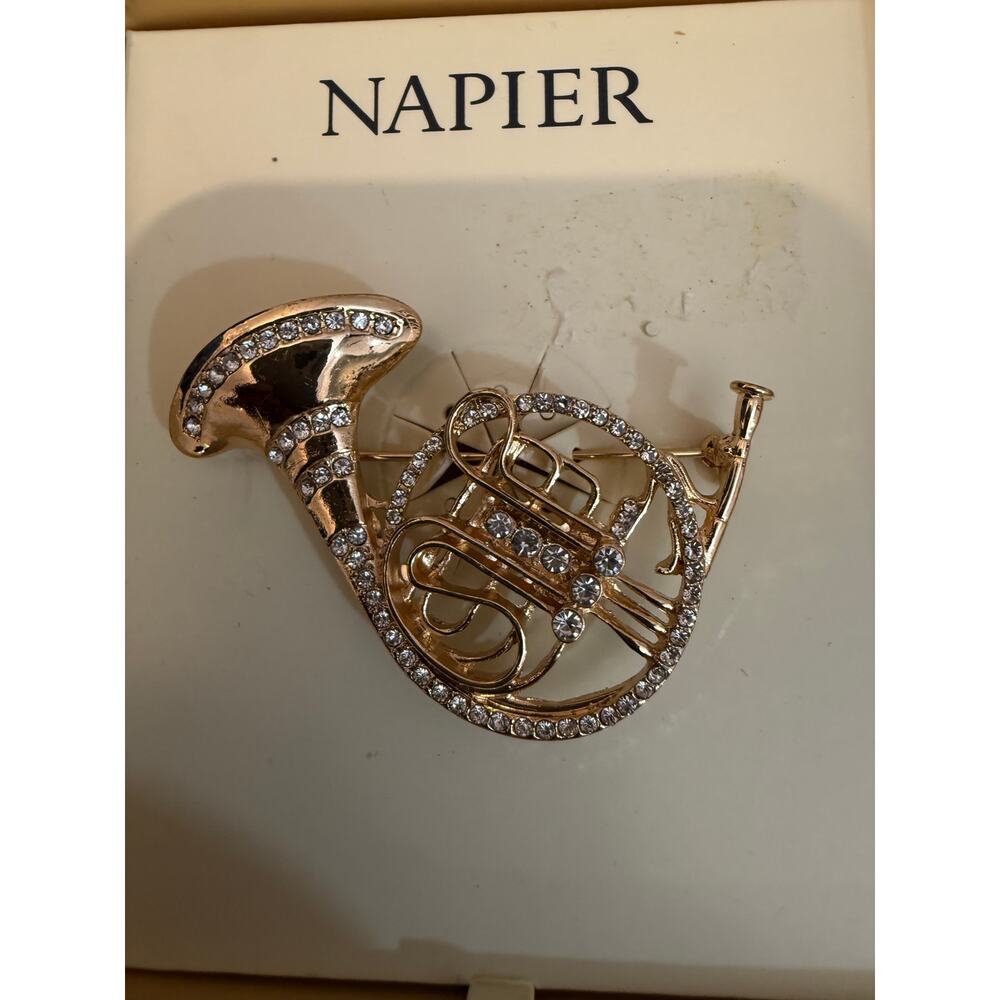 Authentic Napier Rhinestone French Horn Brooch Pin NIB Gold Tone